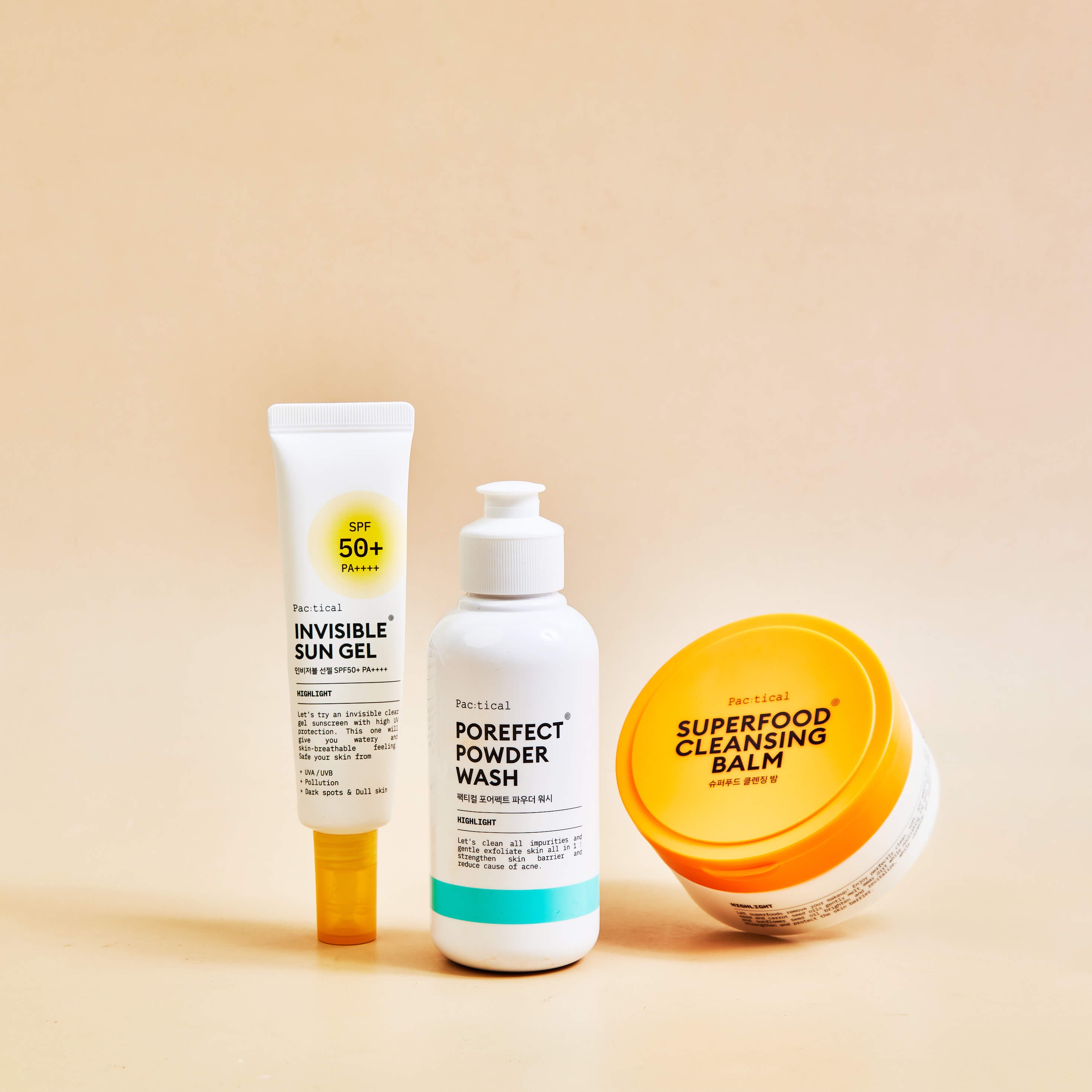 SET Pac:tical Porefect Powder Wash + Invisible Sun Gel + Cleansing Balm