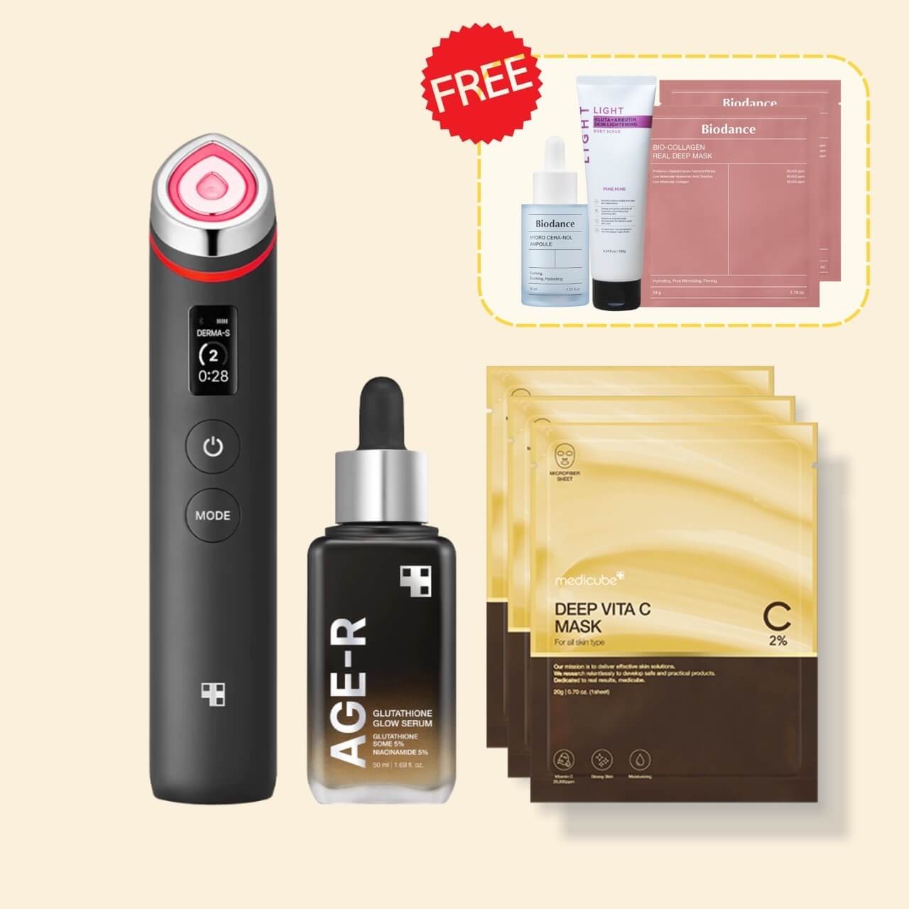 SET Medicube AGE-R Booster Pro + Glutathione Glow Serum + vita c mask